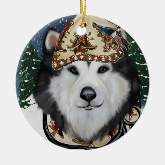 Ornamento De Cerâmica Alaskan Malamute (Frente)