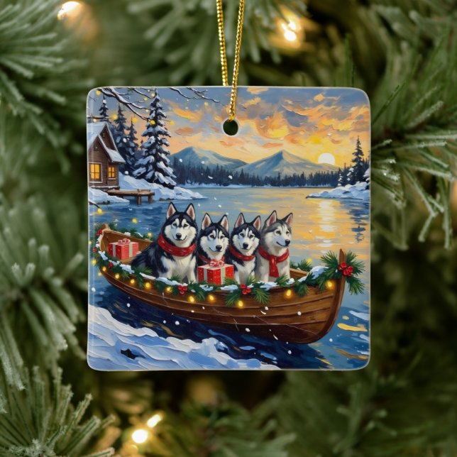 Ornamento De Cerâmica Alaskan Malamute Christmas Boat Holiday (Árvore)