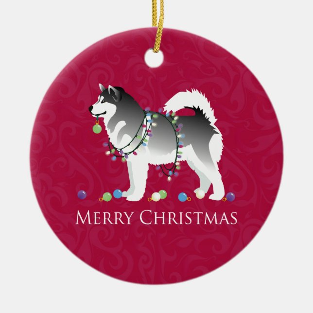 Ornamento De Cerâmica Alaskan Malamute Dog Felry Design de Natal (Frente)