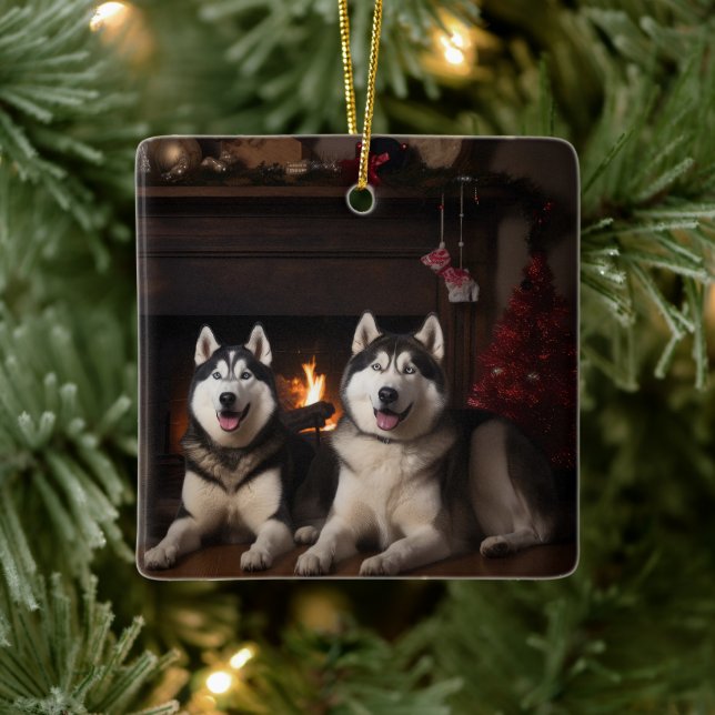 Ornamento De Cerâmica Alaskan Malamute na Lareira de Natal (Árvore)