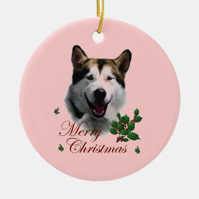 Ornamento De Cerâmica Alaskan Malamute Natal (Frente)