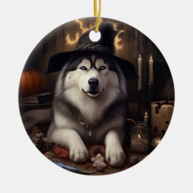 Ornamento De Cerâmica Alaskan Malamute Pumpkins Halloween Scary (Frente)