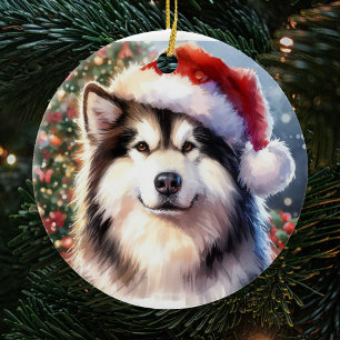 Ornamento De Cerâmica Alaskan Malamute Santa Hat Watercolor Natal