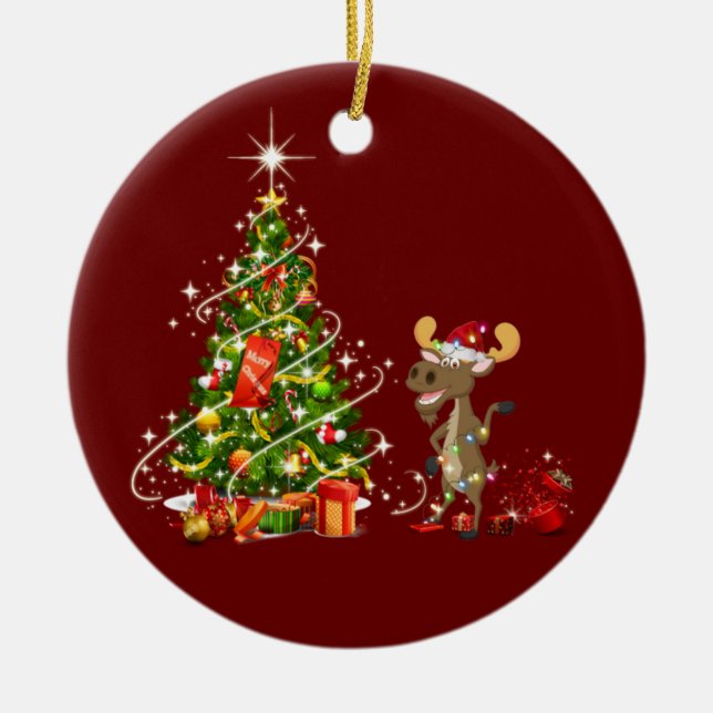 Ornamento De Cerâmica Alce com Luz de Chapéu Natal (Frente)