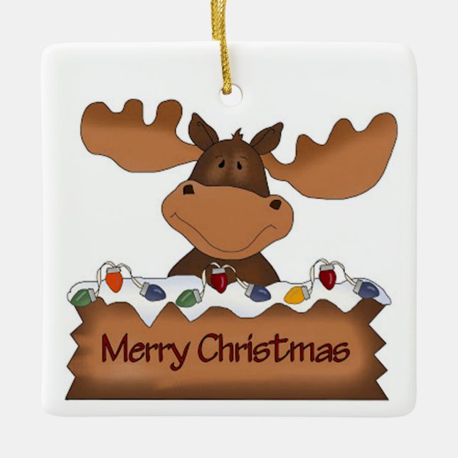 Ornamento De Cerâmica Alces do Feliz Natal com luzes de Natal (Frente)