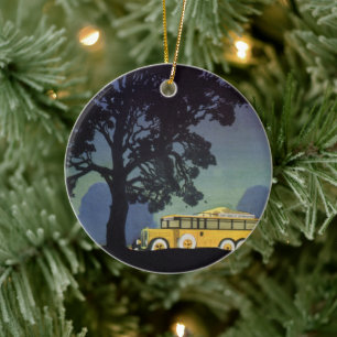 Ornamento De Cerâmica Alemanha Vintage, Ônibus Amarelo à Noite, Arte de