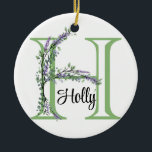 Ornamento De Cerâmica Alfa H, botânica da Lavanda de aquarelas<br><div class="desc">Um design romântico e elegante com letra alfabética monográfica "H", enquadrada por eucalipto e lavanda e libélula pintada em aquarelas. Para começar a alterar o nome, clique em "Personalizar este modelo" e edite o texto nas caixas modelo. Para acessar as ferramentas de edição mais avançadas, role para baixo até "Clique...</div>