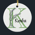 Ornamento De Cerâmica Alfa K, botânica da Lavanda de aquarela<br><div class="desc">Um design romântico e elegante com letra alfabética monográfica "K", enquadrada por eucalipto e lavanda e libélula pintados em aquarelas. Para começar a alterar o nome, clique em "Personalizar este modelo" e edite o texto nas caixas modelo. Para acessar as ferramentas de edição mais avançadas, role para baixo até "Clique...</div>