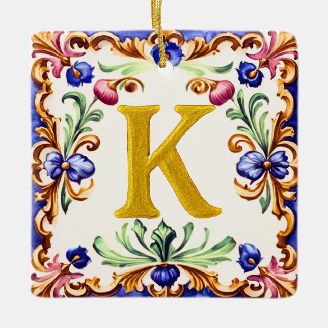Ornamento De Cerâmica Alfabeto Dourado – Letra K (Frente)