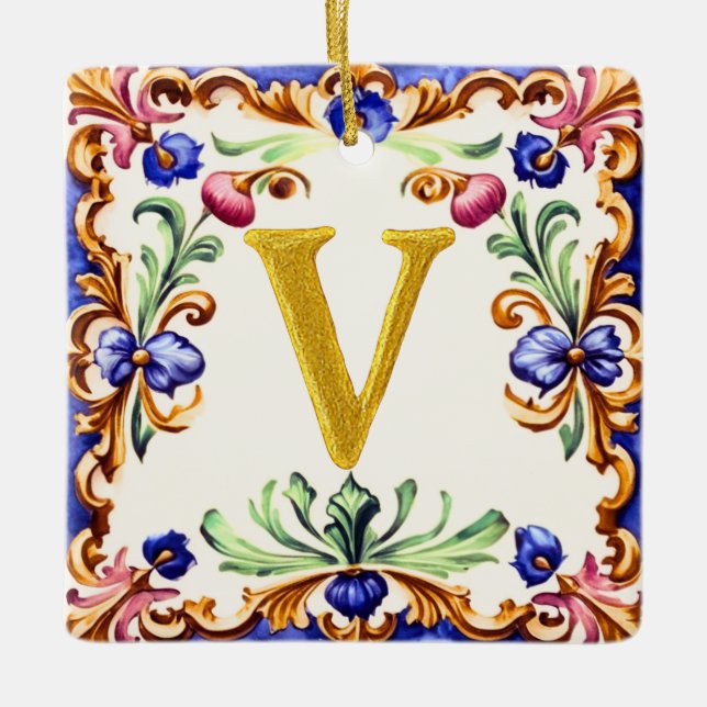Ornamento De Cerâmica Alfabeto Dourado – Letra V (Frente)