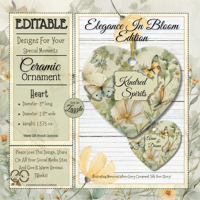Ornamento De Cerâmica Algodão Chic Flores Selvagens Kindred Espíritos Co (Cottage Chic Wildflower  Meadow Kindred Spirits Ceramic Heart Ornament Info Collage.)