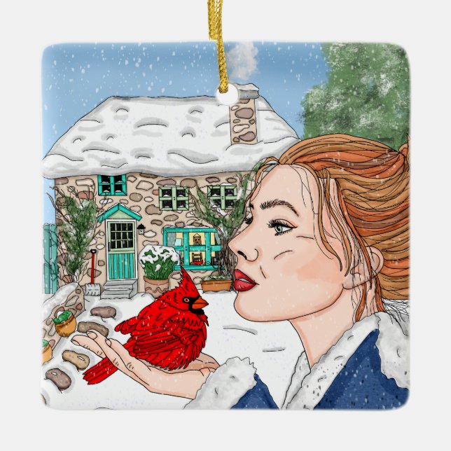 Ornamento De Cerâmica Algodão e Cardeal em Inglês desenhado à Mão (Frente)