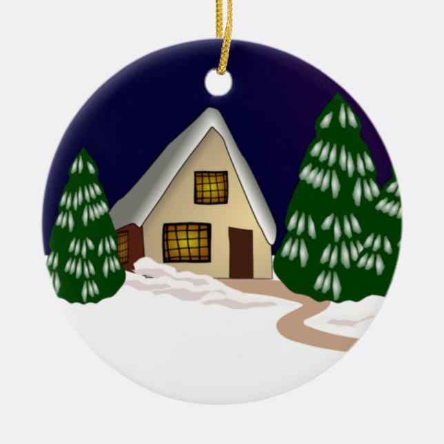 Ornamento De Cerâmica Algodão em neve e árvores (Frente)