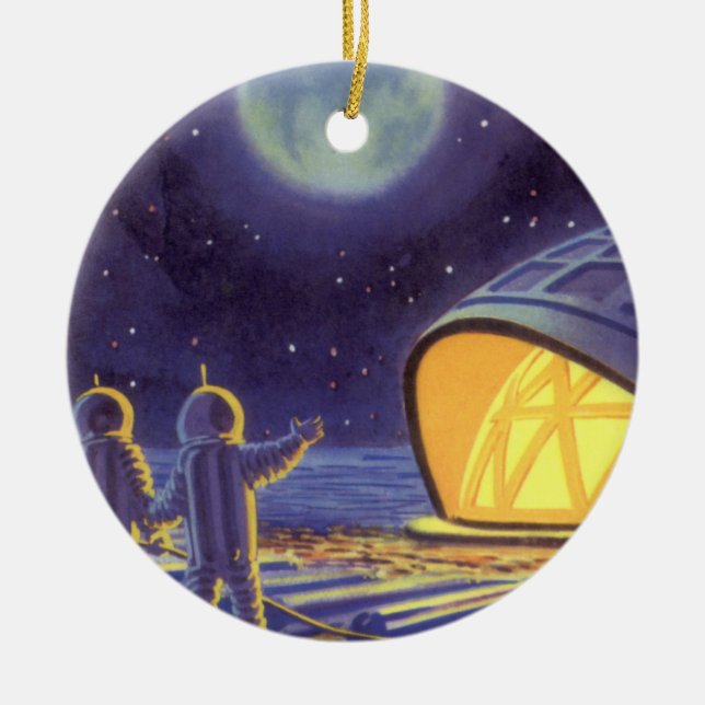 Ornamento De Cerâmica Aliens de ficção científica em lua planeta azul (Frente)