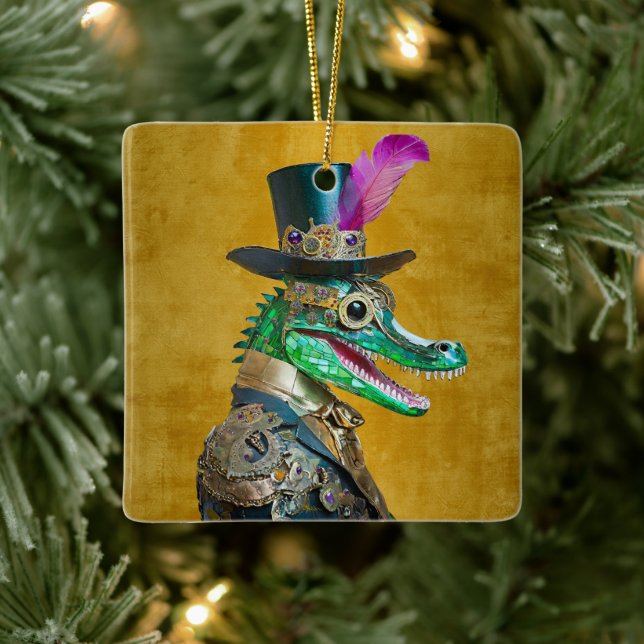Ornamento De Cerâmica Alligator Animal do Partido Steampunk do Mardi Gra (Árvore)