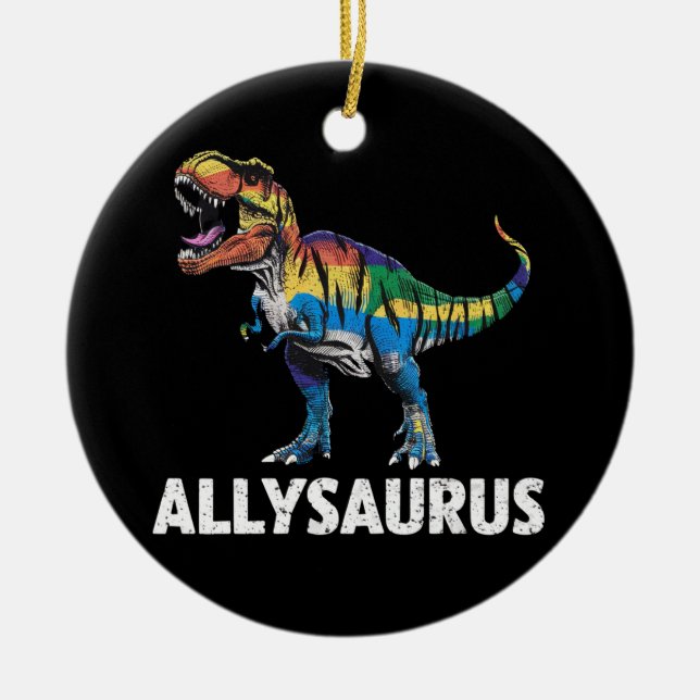 Ornamento De Cerâmica Allysaurus LGBT Dinossaur Rainbow Flag Ally LGBT (Frente)