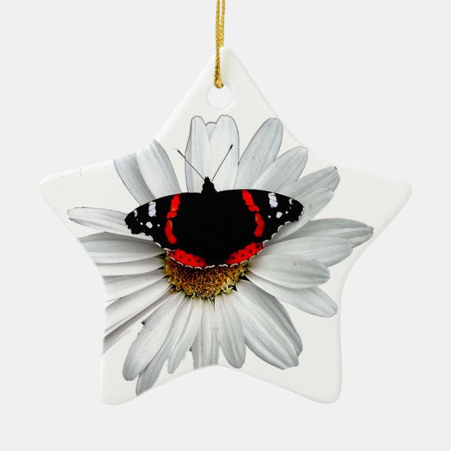 Ornamento De Cerâmica Almirante vermelho borboleta na flor (Frente)