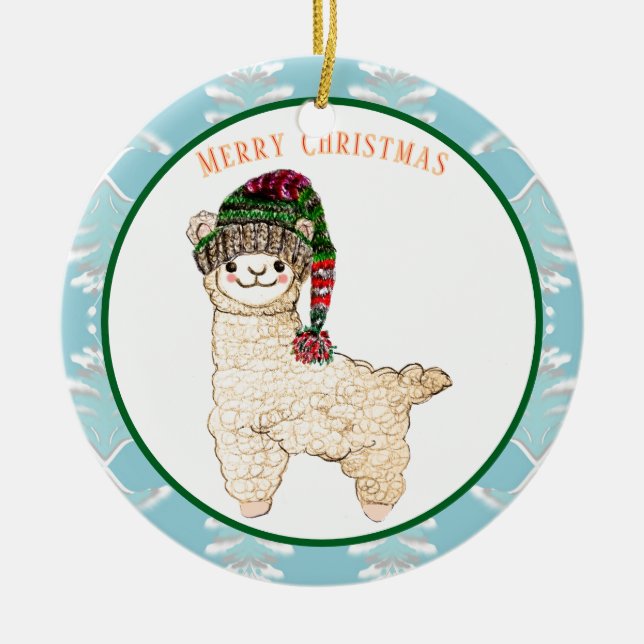 Ornamento De Cerâmica Alpaca-branca com chapéu festivo (Frente)