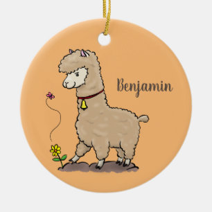 Ornamento De Cerâmica Alpaca feliz e giro com cartoon de borboleta