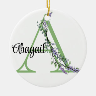 Ornamento De Cerâmica Alphabet letter A, Lavanda de aquarela Eucalyptus