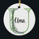 Ornamento De Cerâmica Alphabet Letter U, watercolor Lavanda botânica<br><div class="desc">Um design romântico e elegante com letra alfabética monográfica "U", enquadrada por eucalipto, lavanda e libélula pintada em aquarelas. Para começar a alterar o nome, clique em "Personalizar este modelo" e edite o texto nas caixas modelo. Para acessar as ferramentas de edição mais avançadas, role para baixo até "Clique para...</div>
