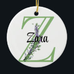 Ornamento De Cerâmica Alphabet letter Z, botânica da Lavanda de aquarela<br><div class="desc">Uma design romântica e elegante com letra alfabética monográfica "Z", enquadrada por eucalipto e lavanda e libélula pintada em aquarelas. Para começar a alterar o nome, clique em "Personalizar este modelo" e edite o texto nas caixas modelo. Para acessar as ferramentas de edição mais avançadas, role para baixo até "Clique...</div>