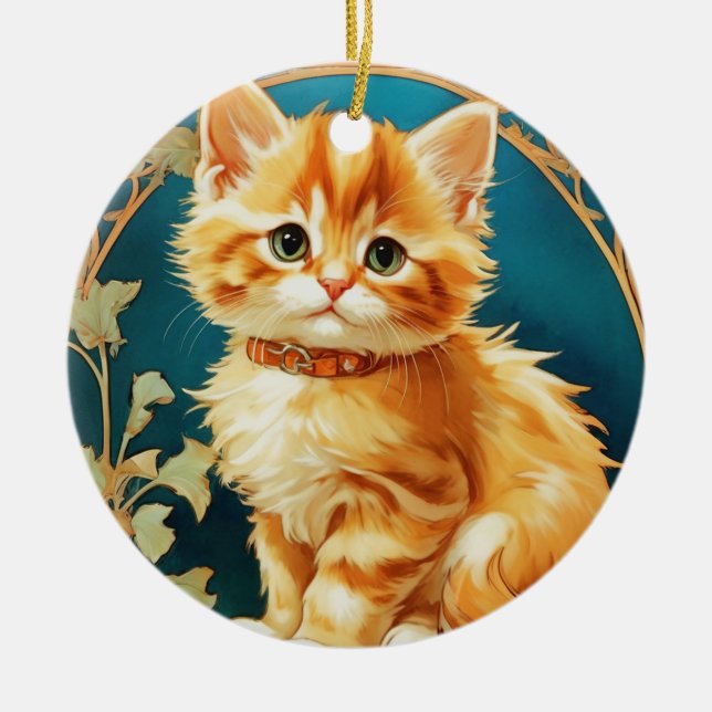 Ornamento De Cerâmica Alphonse Mucha Art Nouveau Cat (Frente)