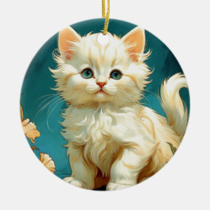 Ornamento De Cerâmica Alphonse Mucha Art Nouveau White Cat