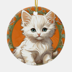 Ornamento De Cerâmica Alphonse Mucha Art Nouveau White Kitten