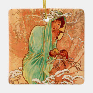 Ornamento De Cerâmica Alphonse Mucha Art Nouveau Winter