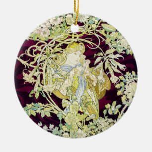Ornamento De Cerâmica Alphonse Mucha Mulher com Margarida Art Nouveau Ar
