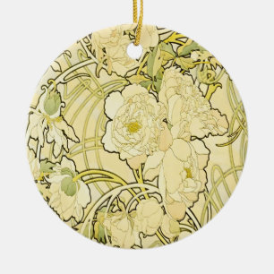 Ornamento De Cerâmica Alphonse Mucha Peonias Padrão Floral Art Nouveau