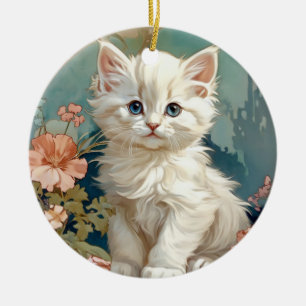 Ornamento De Cerâmica Alphonse Mucha Style White Cat