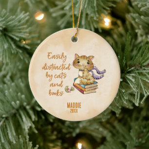 Ornamento De Cerâmica Amante de Livros e Gatos