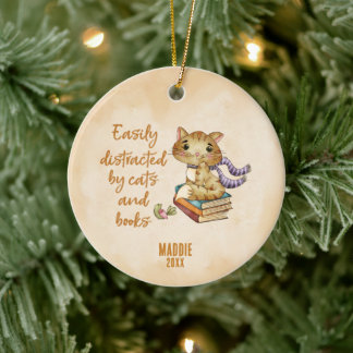Ornamento De Cerâmica Amante de Livros e Gatos