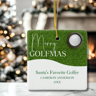 Ornamento De Cerâmica Amante personalizado do Golfe Feliz Foto de Natal