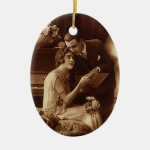 Ornamento De Cerâmica Amantes Românticos Vintage de Música, Amor e Rom