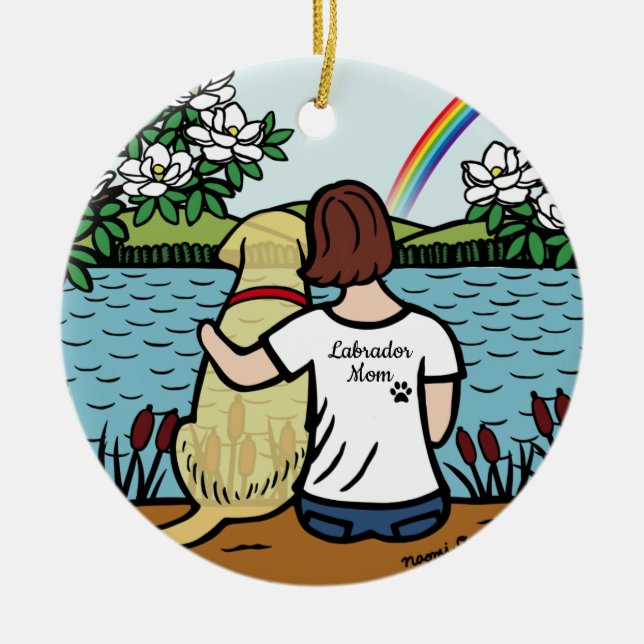 Ornamento De Cerâmica Amarelo Labrador Angel e mamãe Brown (Frente)