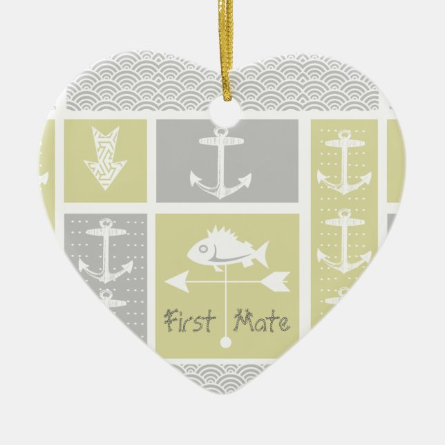 Ornamento De Cerâmica Amarelo náutico e Cinza Ancora Peixes Vane (Frente)