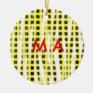 Ornamento De Cerâmica Amarelo Preto xadrez adicionar nome monograma nome