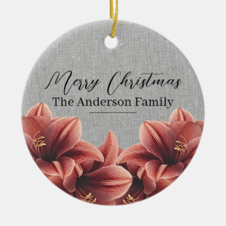 Ornamento De Cerâmica Amaryllis de Linho Cinza com Nome Personalizado Fe