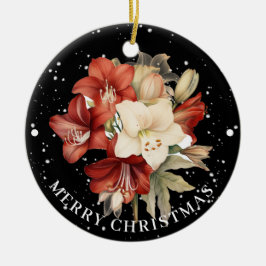 Ornamento De Cerâmica Amaryllis Vermelho e Branco no Natal Negro