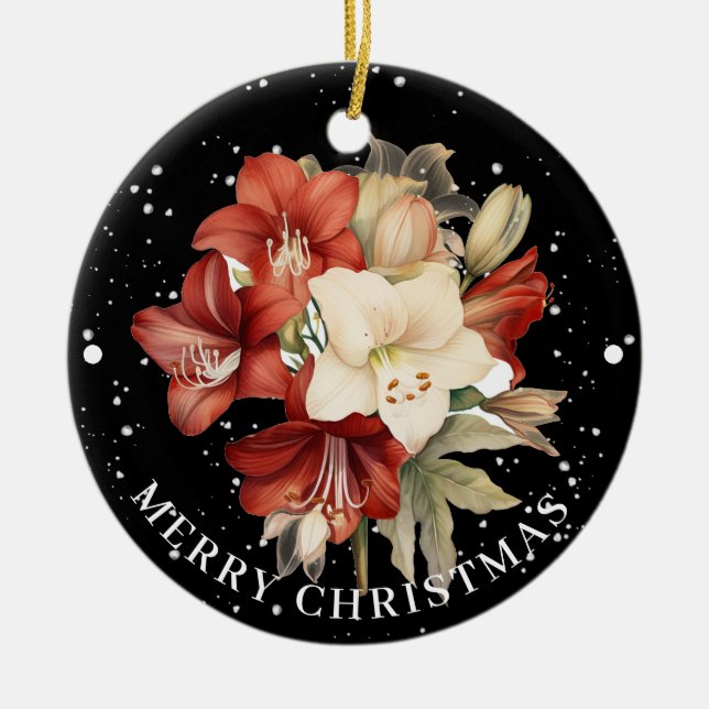 Ornamento De Cerâmica Amaryllis Vermelho e Branco no Natal Negro (Frente)