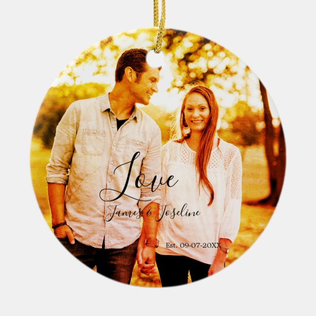 Ornamento De Cerâmica Ame o nome da adição de fotos. Casal de casamento  (Frente)