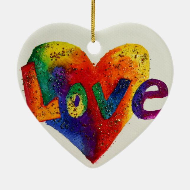 Ornamento De Cerâmica Ame Rainbow Heart Glitter Art Painting Ornament (Verso)