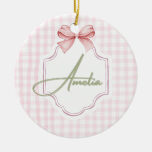 Ornamento De Cerâmica Amelia Personalizada de Arco Rosa & Gingham Impres