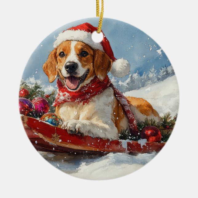 Ornamento De Cerâmica American English Foxhound no Sledge Christmas (Frente)