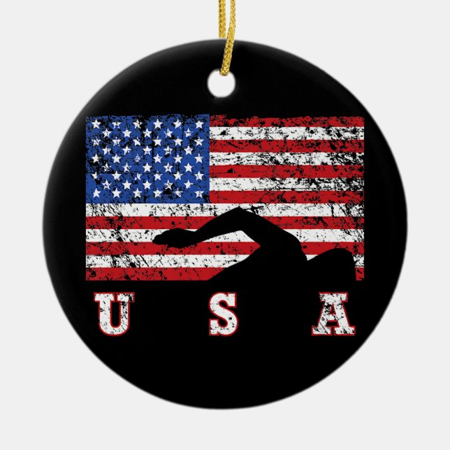 Ornamento De Cerâmica American Flag USA Gift Natação Team Premium (Frente)