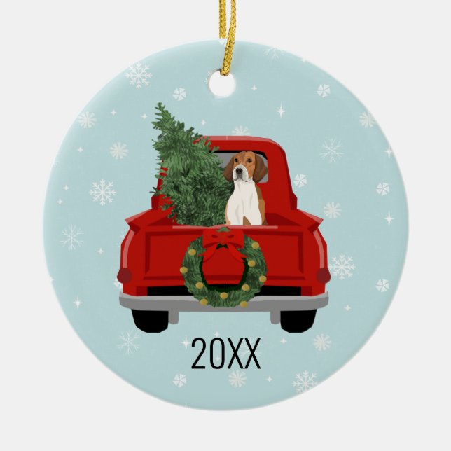 Ornamento De Cerâmica American Foxhound Christmas Red Truck (Frente)