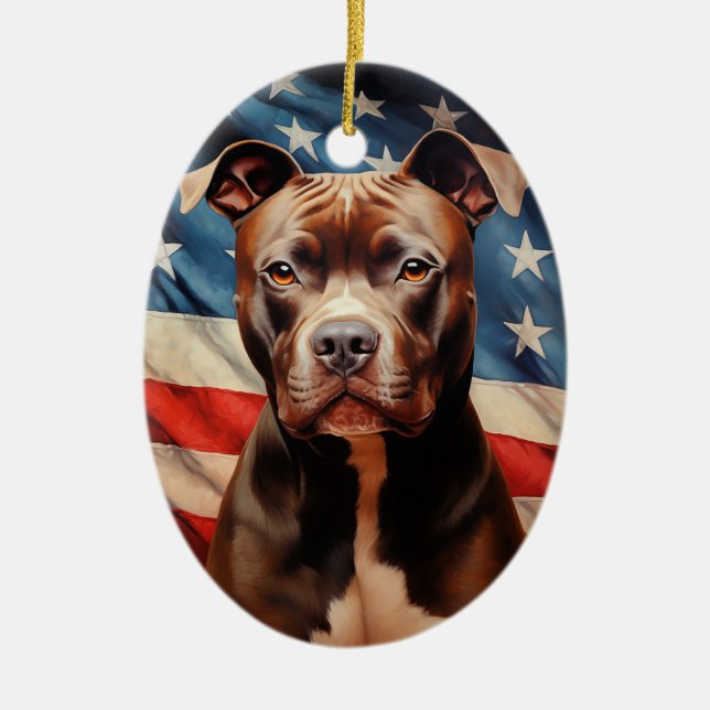 Ornamento De Cerâmica American Pit Bull Terrier American flag (Frente)